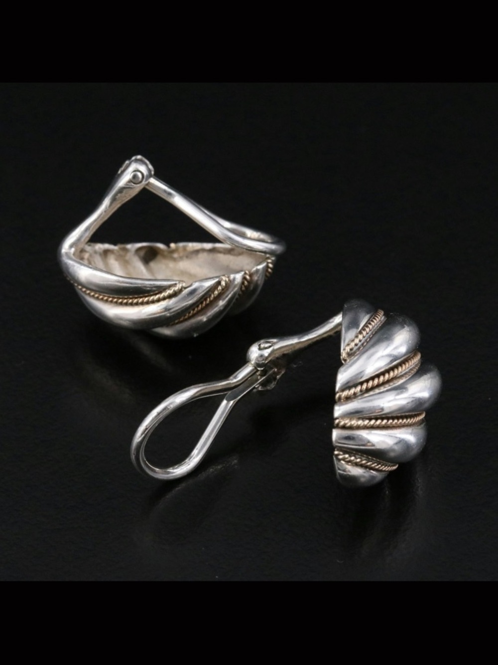 Tiffany 18K Gold & Sterling Silver Rope Accent Dome Earrings - Picture 4 of 6